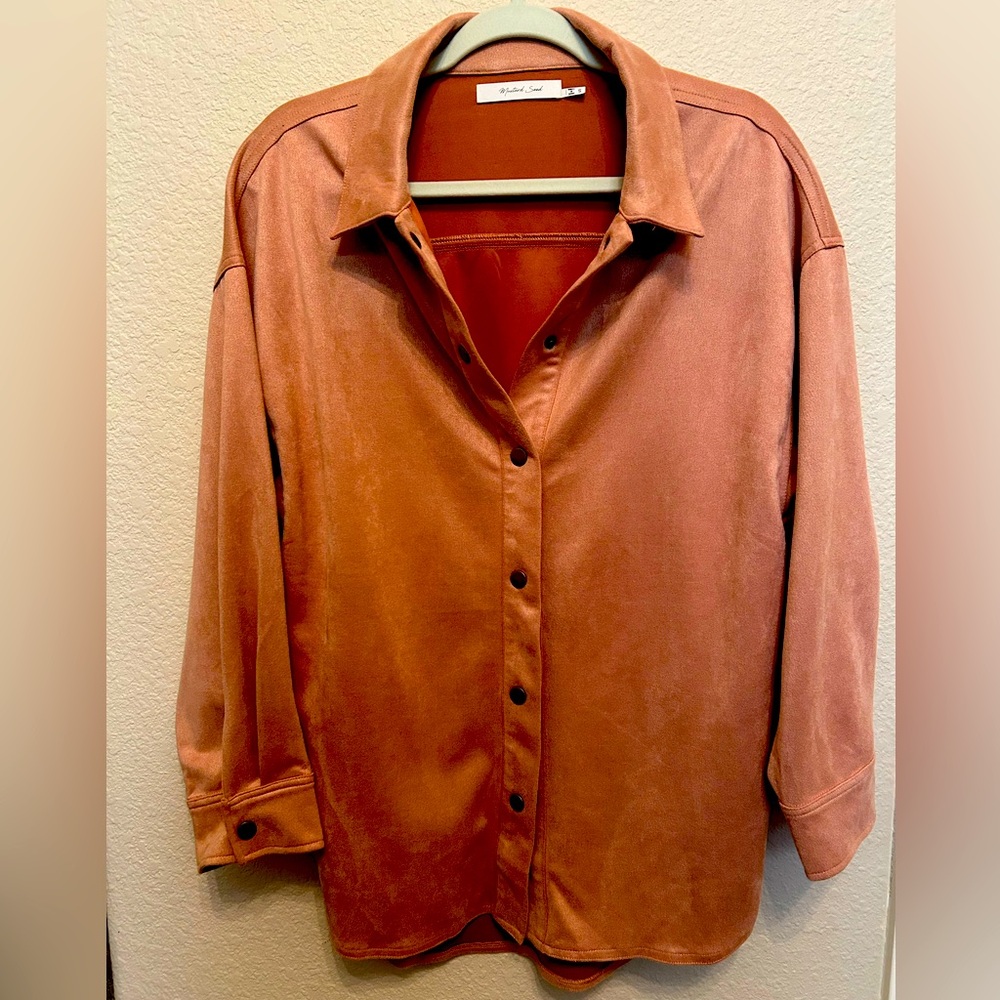 Mustard Seed Faux Suede Button-Up Shirt Jacket w/fringe yoke